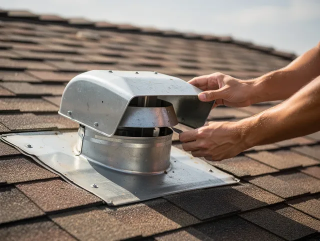 Stanton Dryer Vent Cleaning certified technician safely cleaning a roof-mounted dryer vent in Stanton