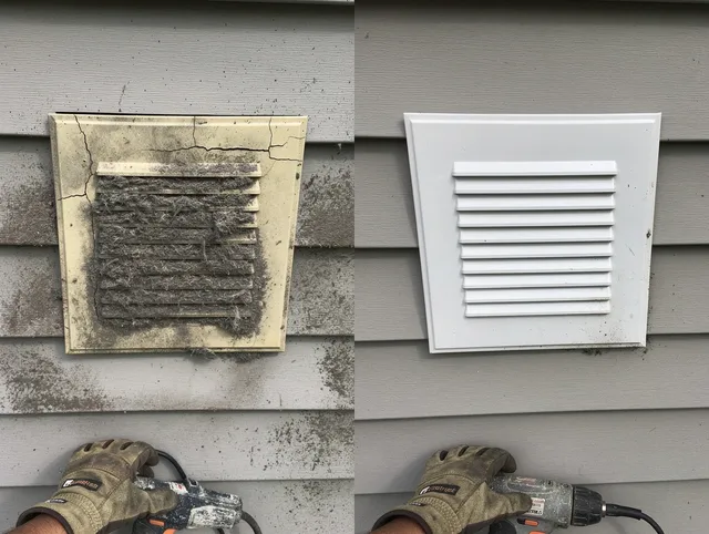 Stanton Dryer Vent Cleaning technician installing high-quality dryer vent cover at a residential property in Stanton